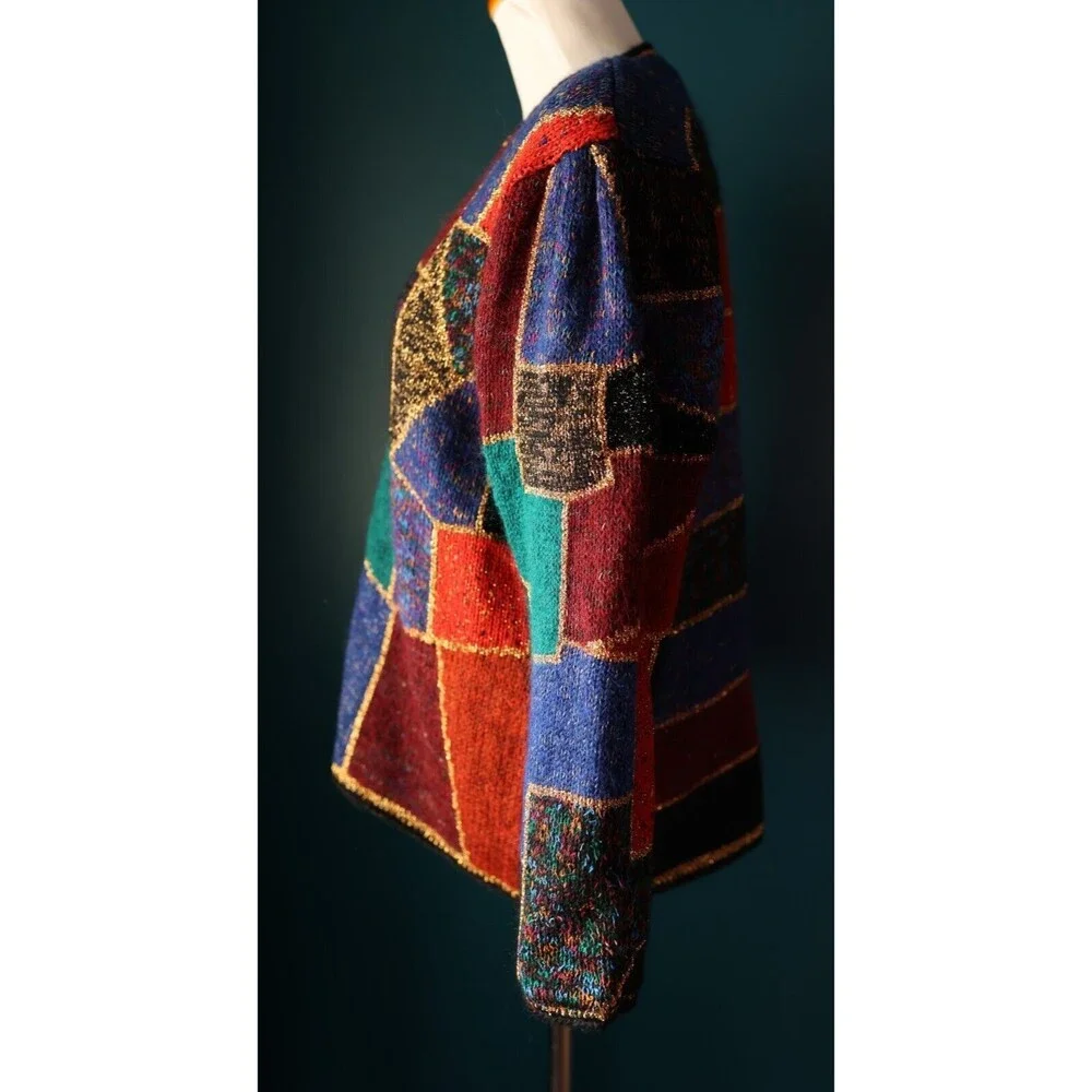 Vintage 80s Deadstock Career Fashion Color Block Mohair Metallic Funky Cardigan